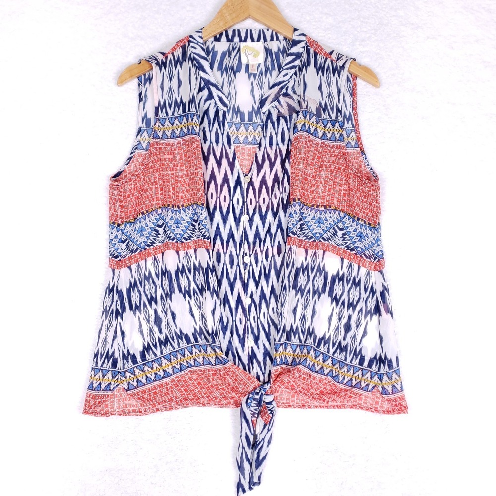 Fig and Flower Sleeveless Blouse Large Ikat Print Tie Front‎ Boho Summer Top